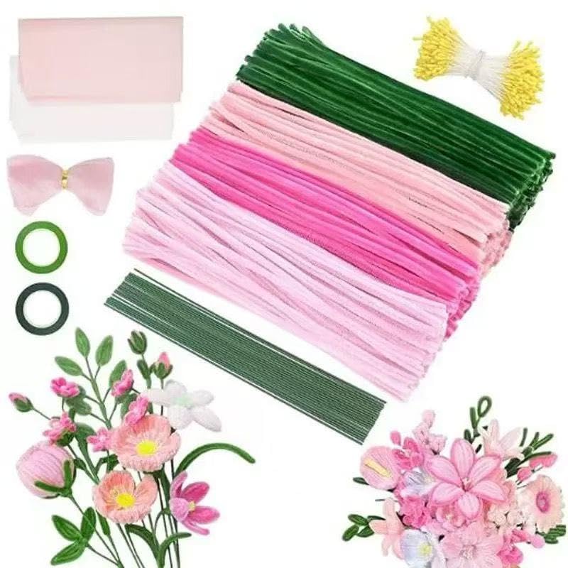 Qiuboluny 400 Stück Pfeifenreiniger Blumen Set Künstliche Blumensträuße Blumen Arrangement Pfeifenputzer zum Basteln mit Floristenband Kunsthandwerk Zubehör Projekte Zubehör für kreative Dekoration