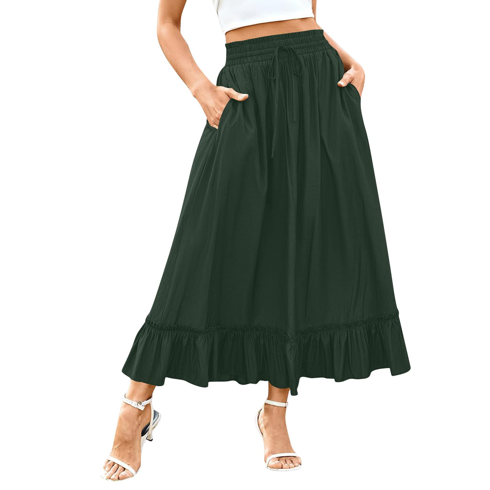 Womens Long Maxi Skirts Tiered Elastic High Waist Boho Ruffle Hem A-Line Casual Midi Dress Solid Color Outfits