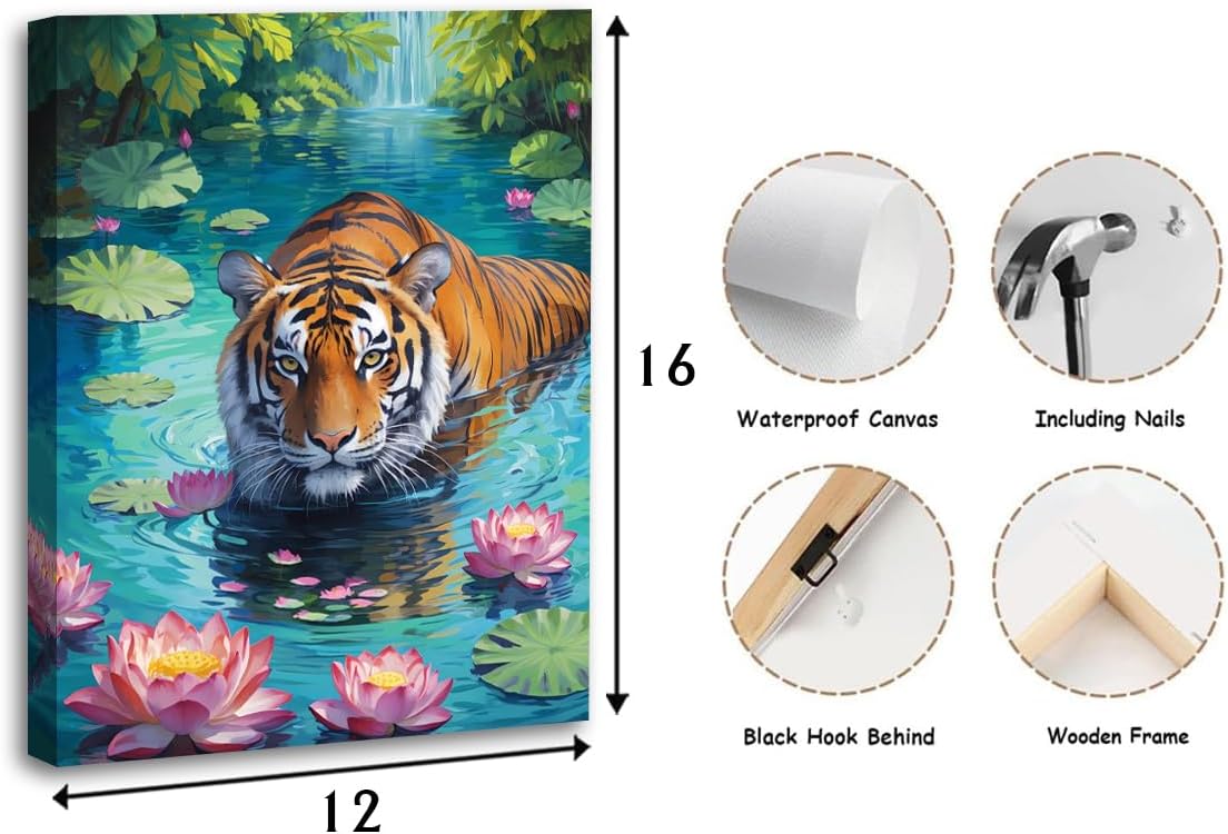 Framed Tiger Bathroom Decor Wall Art,Framed Tiger Bathroom Wall Art 12x16 Inch - Lotus Floral Animal Canvas Print, Jungle Theme Decor for Living Room & Bedroom, Asian Style Painting