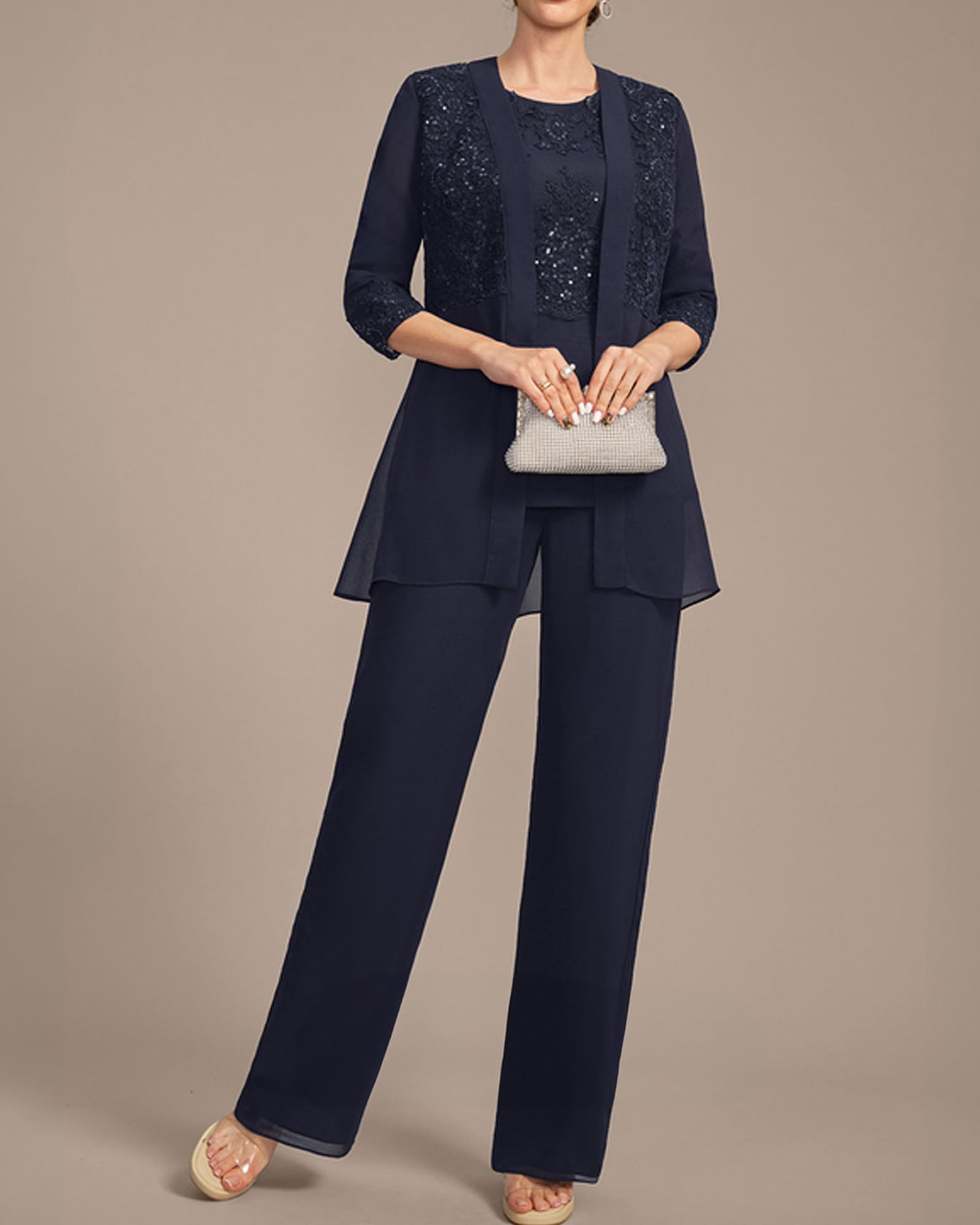Hosenanzug Damen Festlich Elegant,Spitze 3/4 Ärmel Hosenanzug mit Jacke Damen Chiffon Sportlich Kleider für Hochzeitsgäste