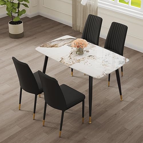 Miniatura 12 de Juego de mesa de comedor de piedra sinterizada moderna blanca de 50 pulgadas para 4 mesas de comedor de mármol sintético con 4 sillas tapizadas de 4