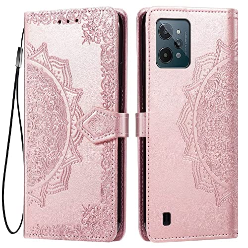 HONLEN Funda para Realme C31 Carcasa, (6.5' Inches) Premium PU Cuero Cartera Magnético Flip Case 3 Ranura Tarjeta, Soporte Case, Diseño de Mandala Oro Rosa