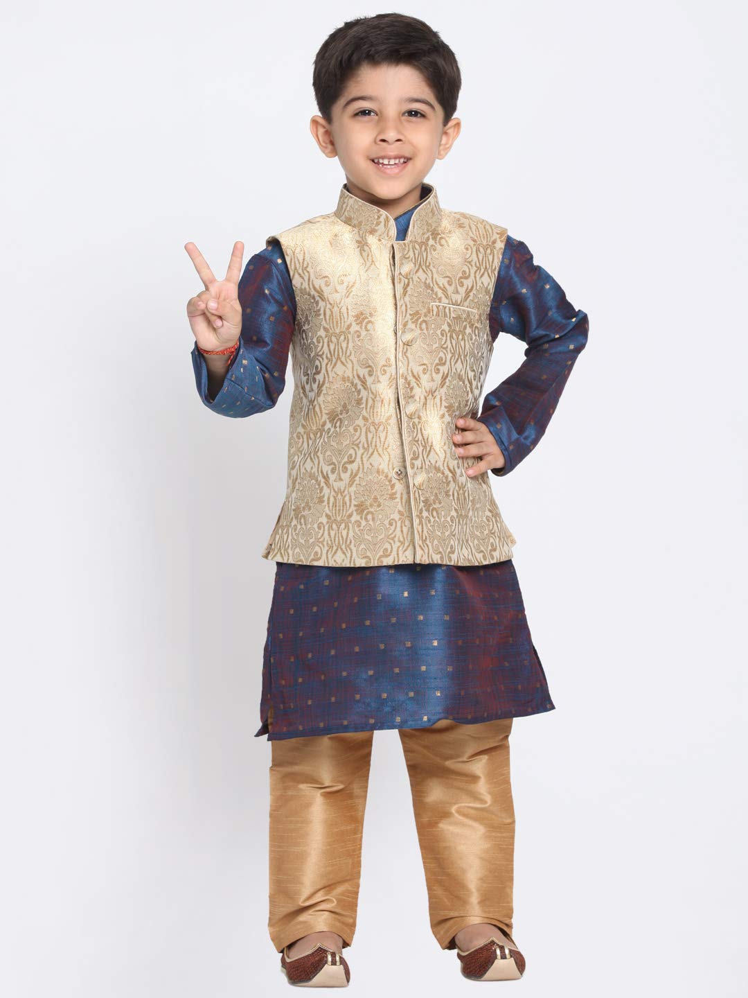 Jbn Creation Boys' Gold And Persian Blue Silk Blend Kurta, Ethnic Jacket And Pyjama Set (Vasbj024Rgnbk023Bunprg, For 7-8 Years)