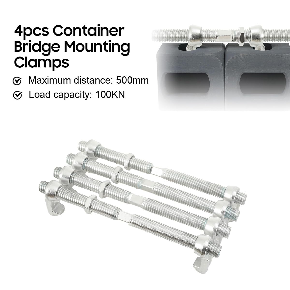 Lot de 4 Raccords de Pont pour Conteneurs d'Expédition, 500mm, Bride de Serrage Acier 45# Galvanisé, Charge de Rupture 100 KN (10 Tonnes), Système de Verrouillage pour Conteneurs 20/40 Pieds