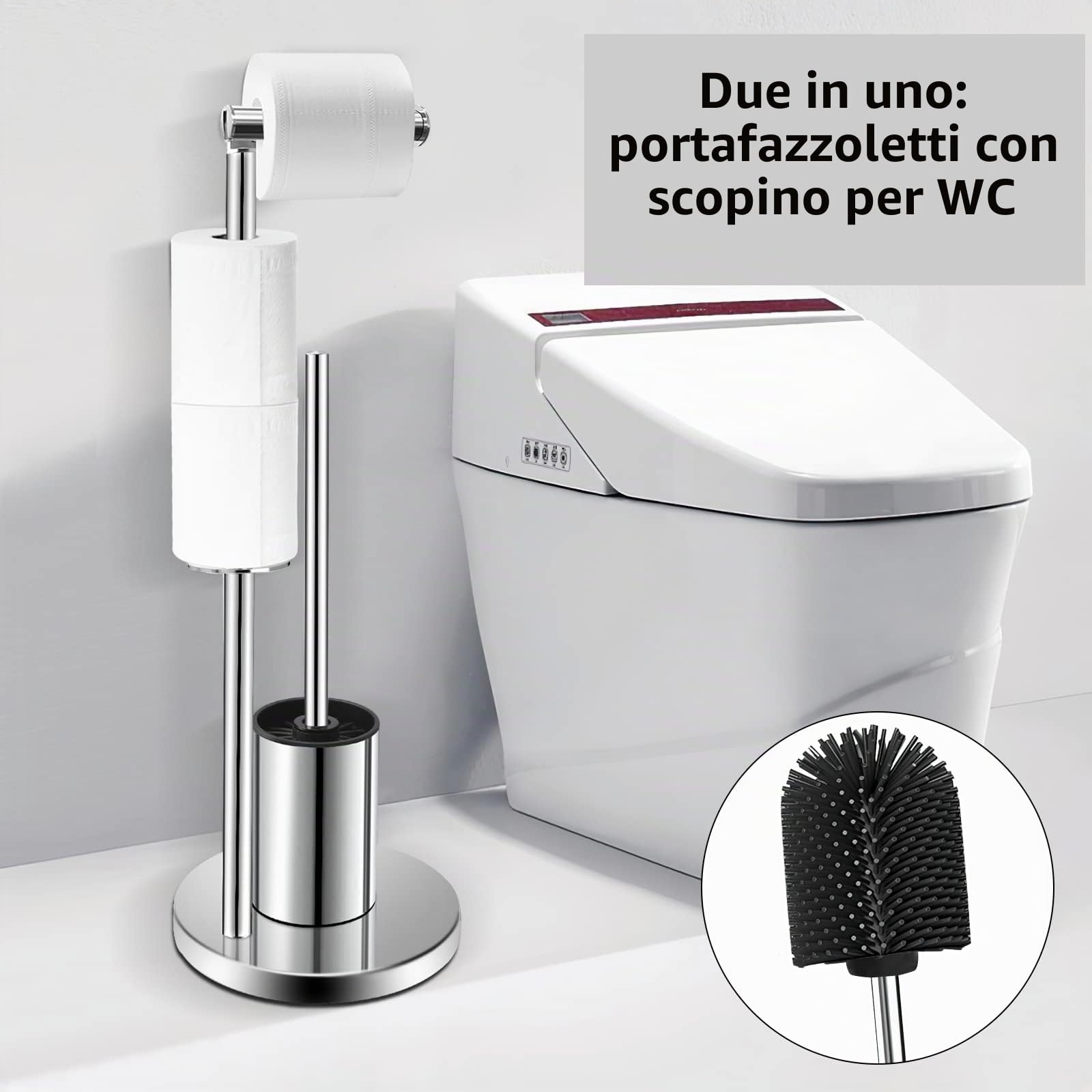 Porta carta igienica in acciaio inox con scopino per WC, in acciaio 304, portarotolo WC con porta carta igienica in piedi e scopino