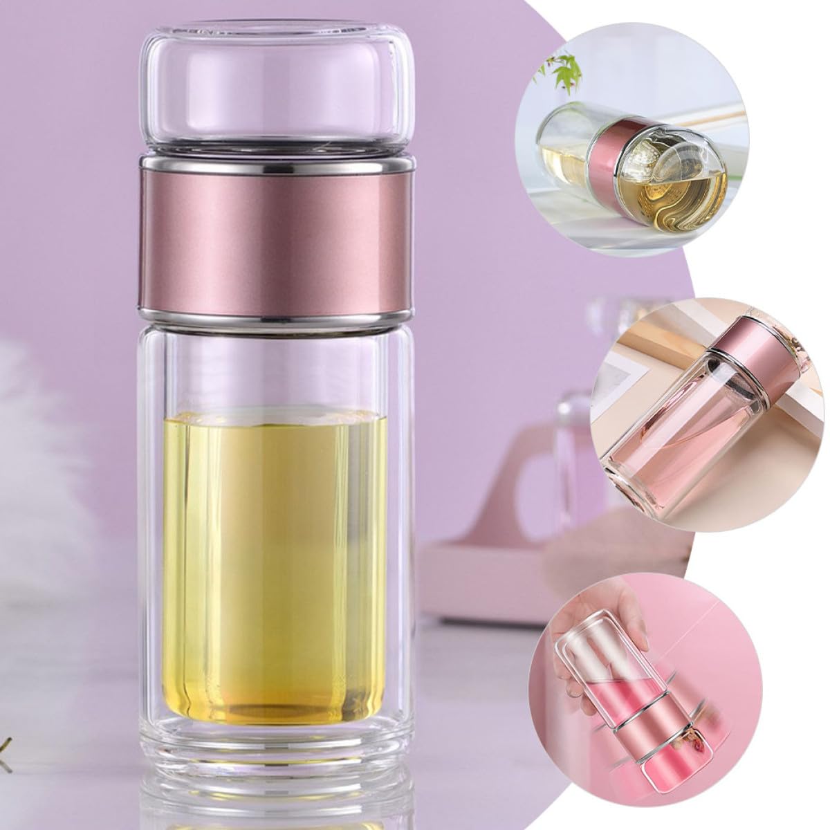 Botella Infusora de Té de Vidrio 250ml Colador y Tapa Hermética, Diseño Compacto Prueba de Fugas Adecuado para Viajes y Bolso