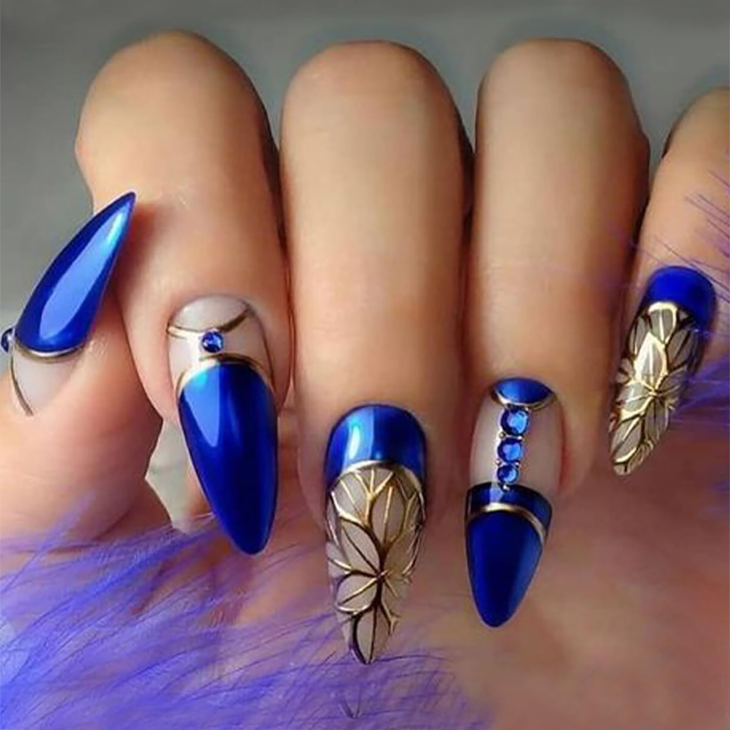French Tip Press on Nails Almond Medium Blue Acrylic Nails Blue Rhinestones Gold Flower Pattern Fake Nails Full Cover Glossy Coffin Nails Artificial