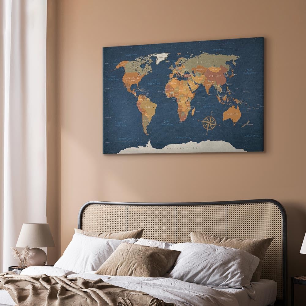 artgeist Acoustic Canvas Wall Art Print World Map 35x24 in - 1pcs Picture with Acoustic Foam Sound Print Artwork Room Acoustics Soundproofing Poster Map of The World World Travel Map k-C-0048-b-b