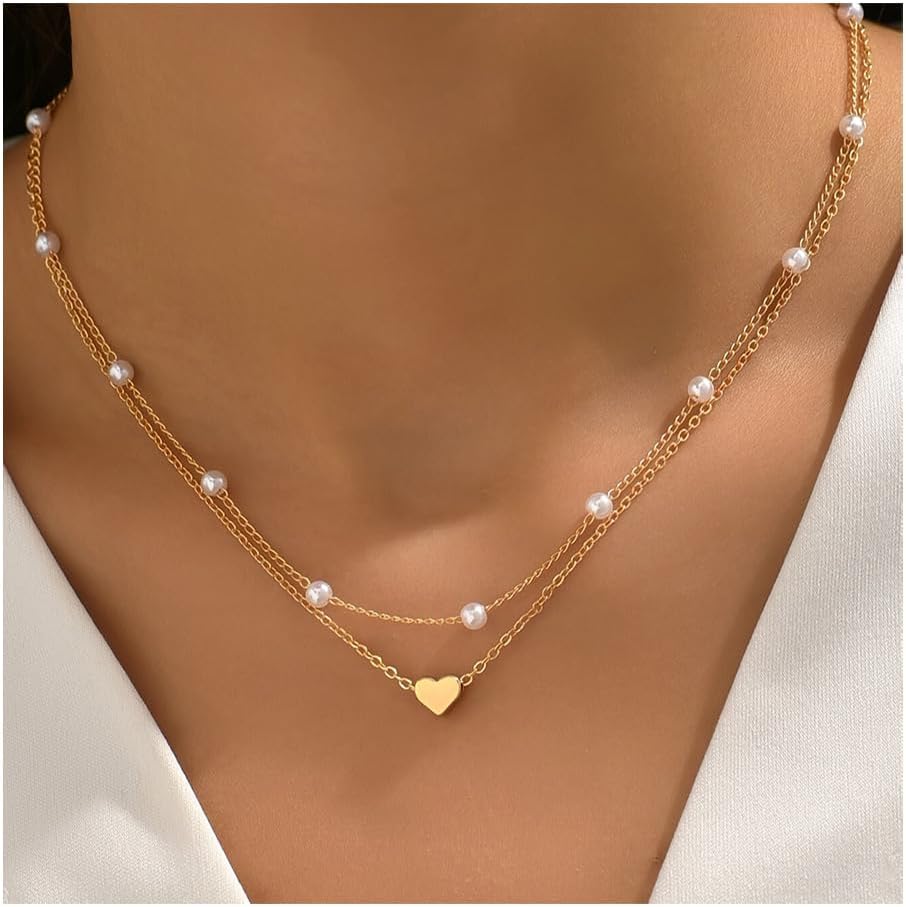 2PCS Gold Necklace for Women Dainty Layered Pearl Necklace Heart Pendant Necklaces Fashion Accessories Jewelry Gifts