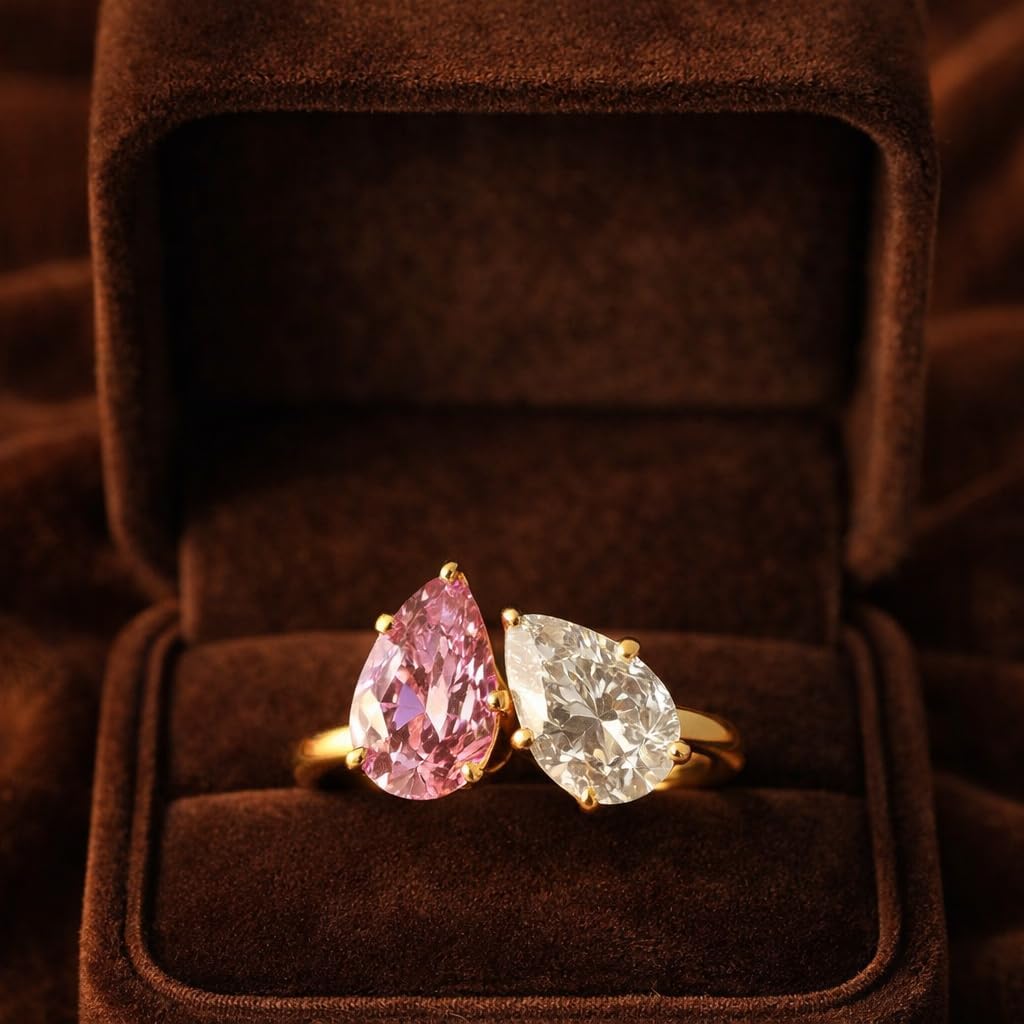 Pear Cut Pink Sapphire & CZ Diamond Two Stone Ring for Women 14K Yellow Gold Plated Toi Et Moi Engagement Promise Ring Art Deco Jewelry Gift for Her