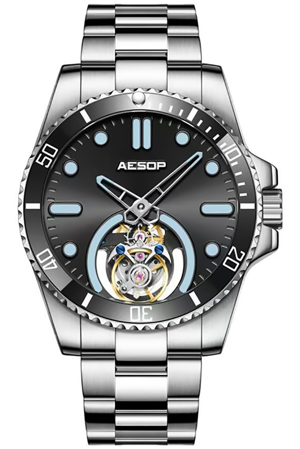 B BINGERMens Automatic Watches Mechanical Multifunctional with Bracelet Band(Silver Black)