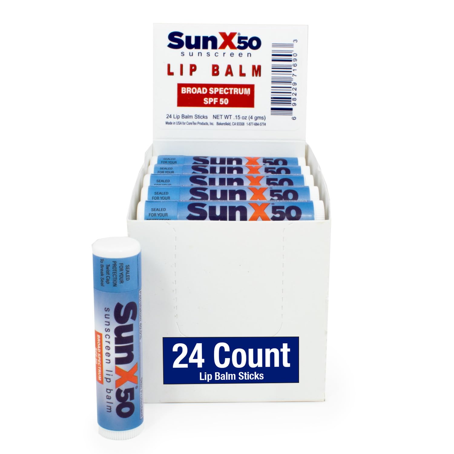 CoreTex Sun X 50 Lip Balm SPF 50 - Pack of 24 Broad Spectrum Sunscreen Lip Balms (Protects Against UVA/UVB Rays) - Water Resistant Up to 80 Minutes