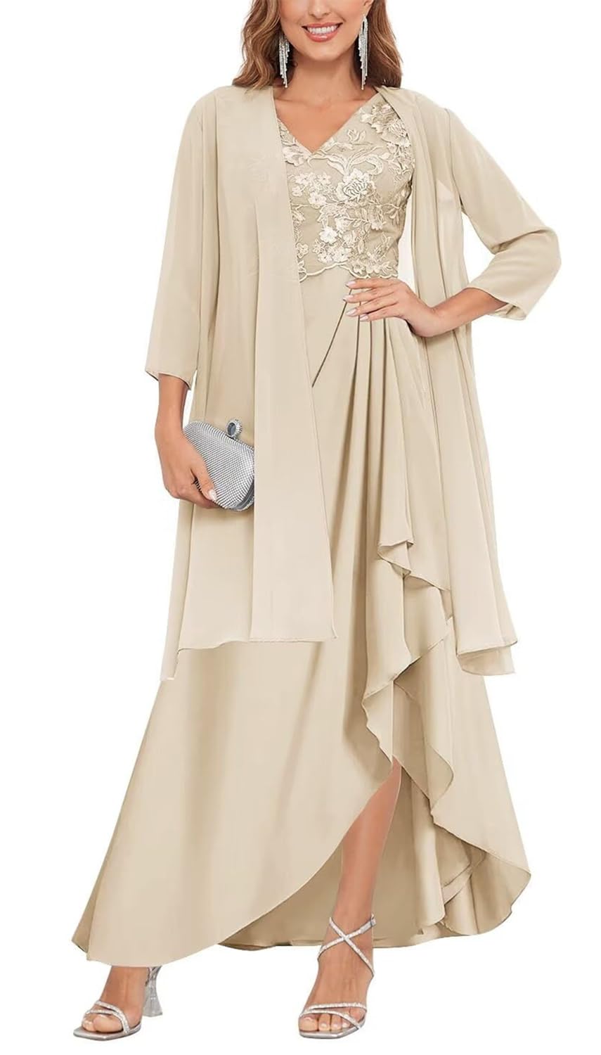 Yiann Women's Champagne Mother Of The Groom Dresses Long Two Pieces Ruched Chiffon Classy Mother Of Bride Dress For Wedding Uk14