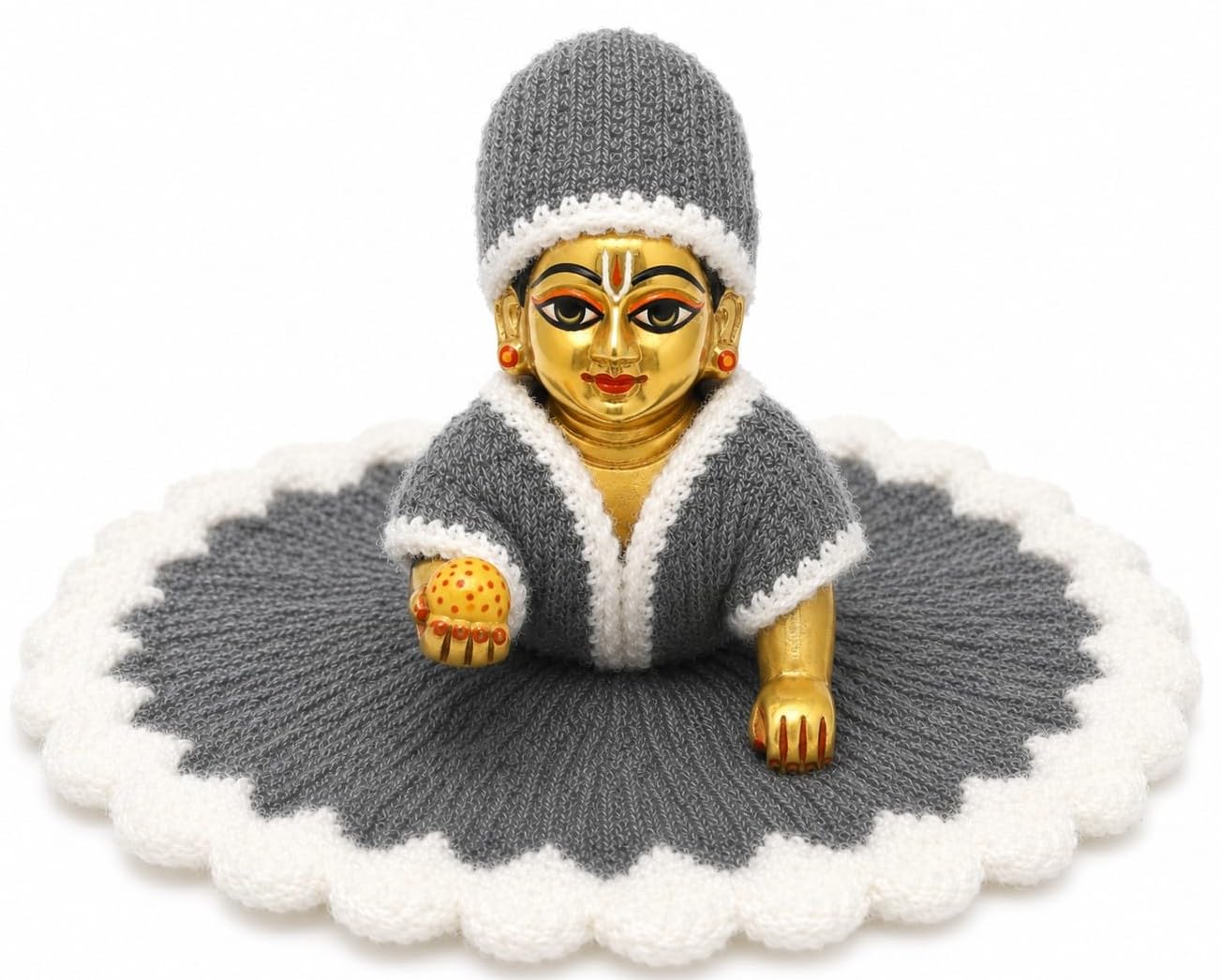 Handmade Premium Soft Woollen Laddu Gopal Dress with Matching Cap | Winter Poshak for Kanha Ji | Size 5 | Grey and White Crochet Set.-image-17