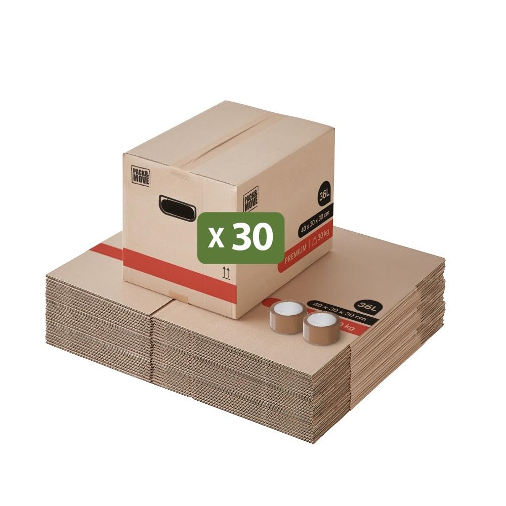 Pack and Move - Zestaw 25 kartonów do przeprowadzki książek premium - 40 x 30 x 30 cm - ekstremalna wytrzymałość 25 kg - wzmocnione uchwyty - 2 naklejki w zestawie