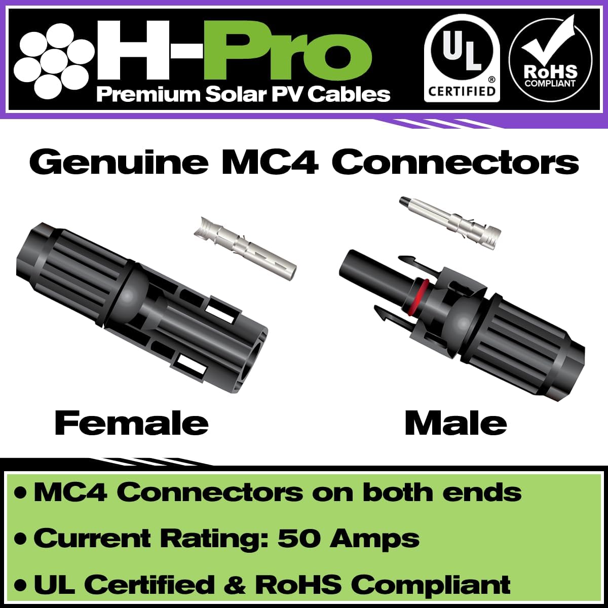 35ft 10 AWG Solar Extension Cables with Male & Female Connectors - 2000V, Weatherproof, UL Listed, RoHS Compliant