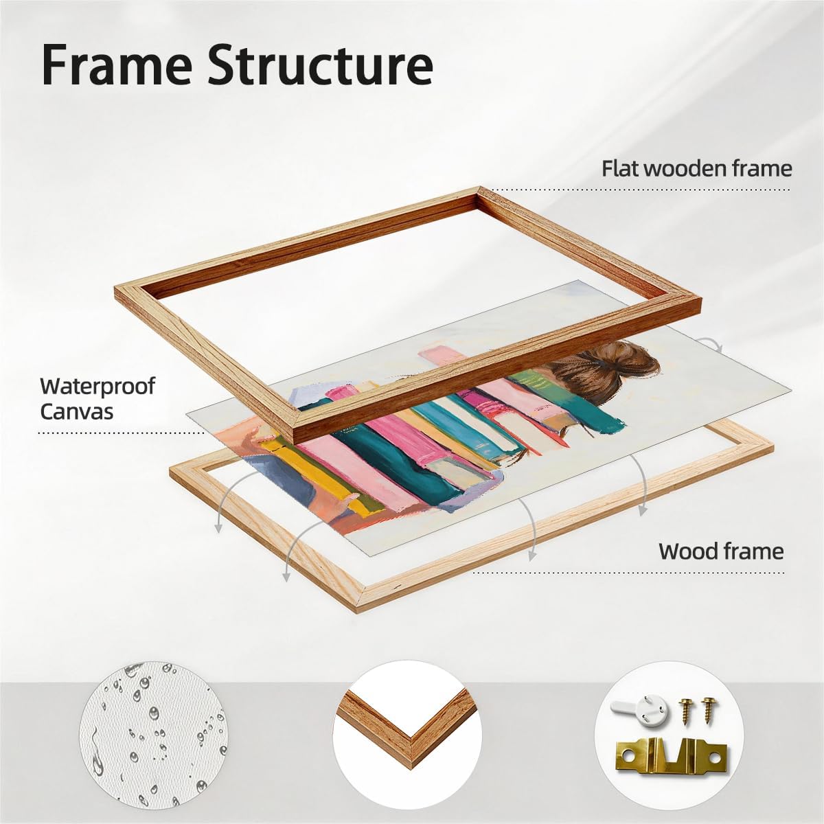 Book Framed Wall Art Brunette Girl With Stack of Books Posters Book Lover Prints 12x16in Ready to hang Whimsical Reading Nook Library Artwork Painting For Home Library Study Dorm Wall Decor