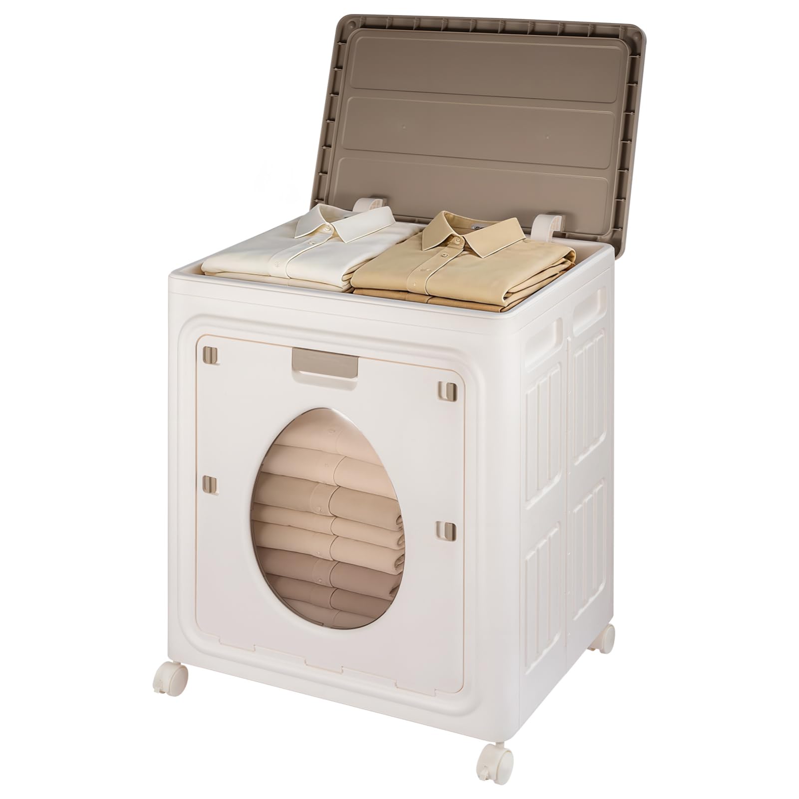 Minifactory Large Capacity Laundry Hamper with Lid and Wheels Collapsible Clothes Basket with Transparent Window Rolling Storage Organizer for Bedroom Apartment Closet (White)