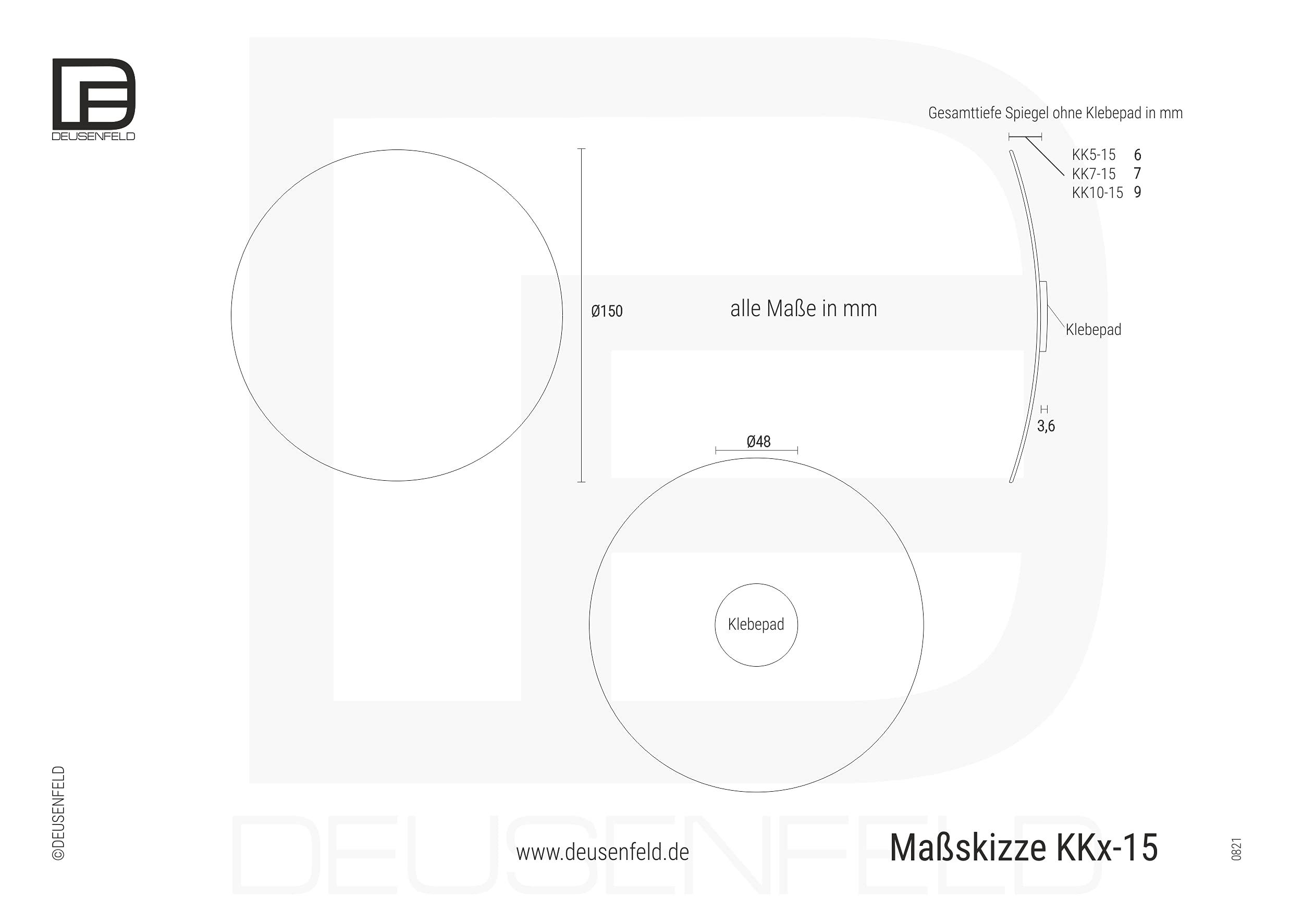 DEUSENFELD KK7-15 - Klebespiegel Kosmetikspiegel selbstklebend, Schminkspiegel, Rasierspiegel zum Kleben, 7-Fach Vergrößerung, Ø 15cm, rund, Rahmenlos, Glas, mit 3M Klebepad