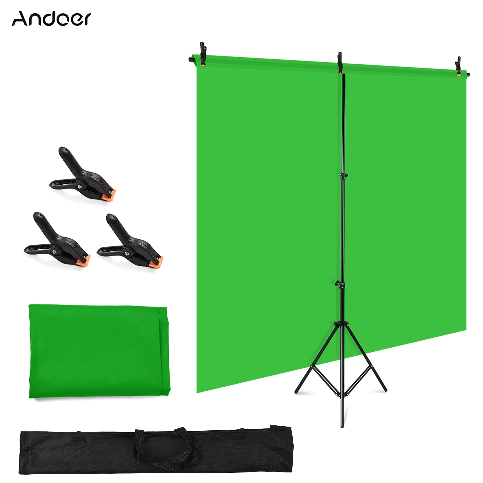 Andoer Kit de photographie avec écran de fond vert 1,5 x 2 m/5 x 7 pieds, support en forme de T réglable, 3 pinces pour photographie, vidéo, YouTube, Vlog, Tiktok