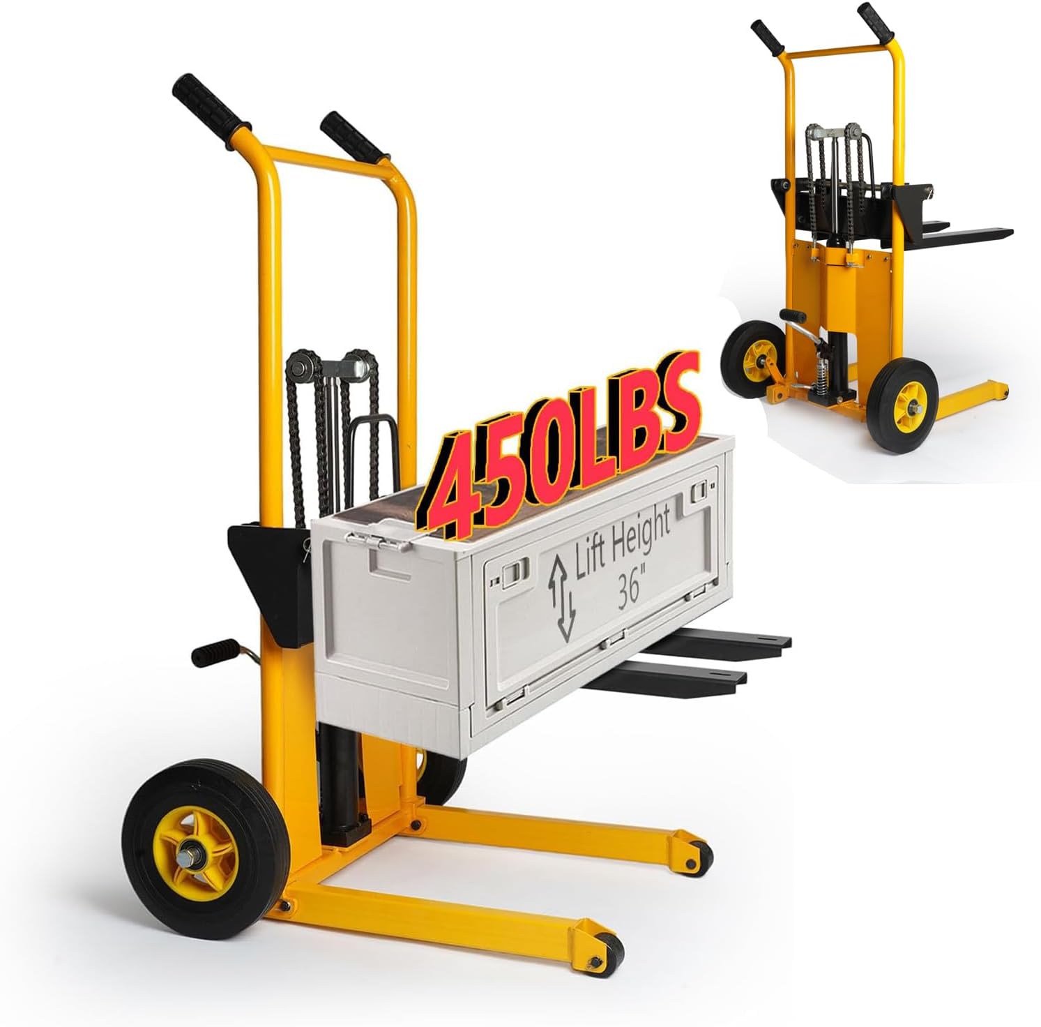 Legines Foldable Hydraulic Material Lift Truck Carrier Manual Lift Stacker Forklift Pallet Stakcer 450 lbs Capacity 36" Lift Height with Adjustable Forks and Fixed Legs,Pallet Truck Dolly.