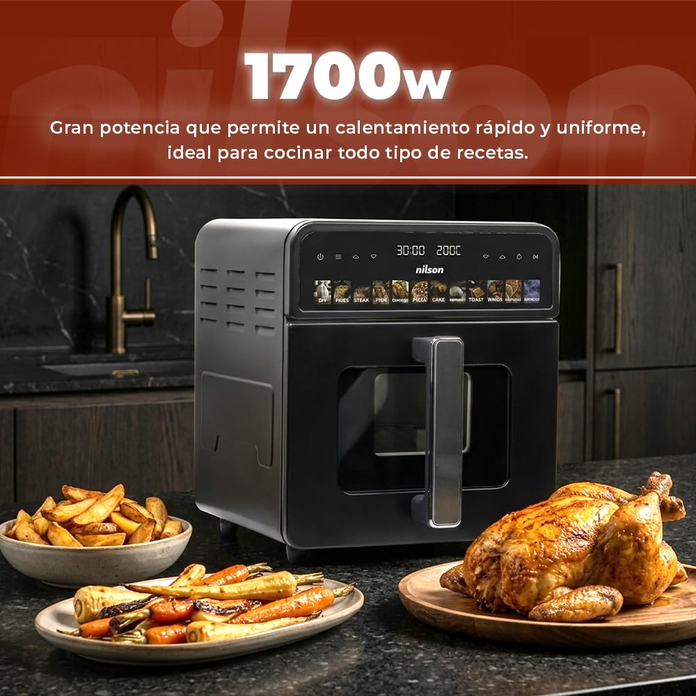 Freidora de Aire sin Aceite 10 Litros, Air Fryer NAF1000CXD, 1700 W, 35-230º C, Display LED, 12 Programas, Cesta Interior Antiaherente, Ventana de Visualización, Doble Resistencia