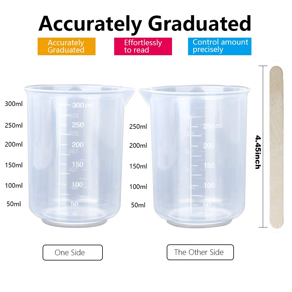 8 tazas de mezcla de resina, vasos medidores de plástico de 10.08 onzas líquidas para resina, tazas de mezcla de pintura, vasos de plástico, vasos medidores de líquidos, con 50 varillas de 4