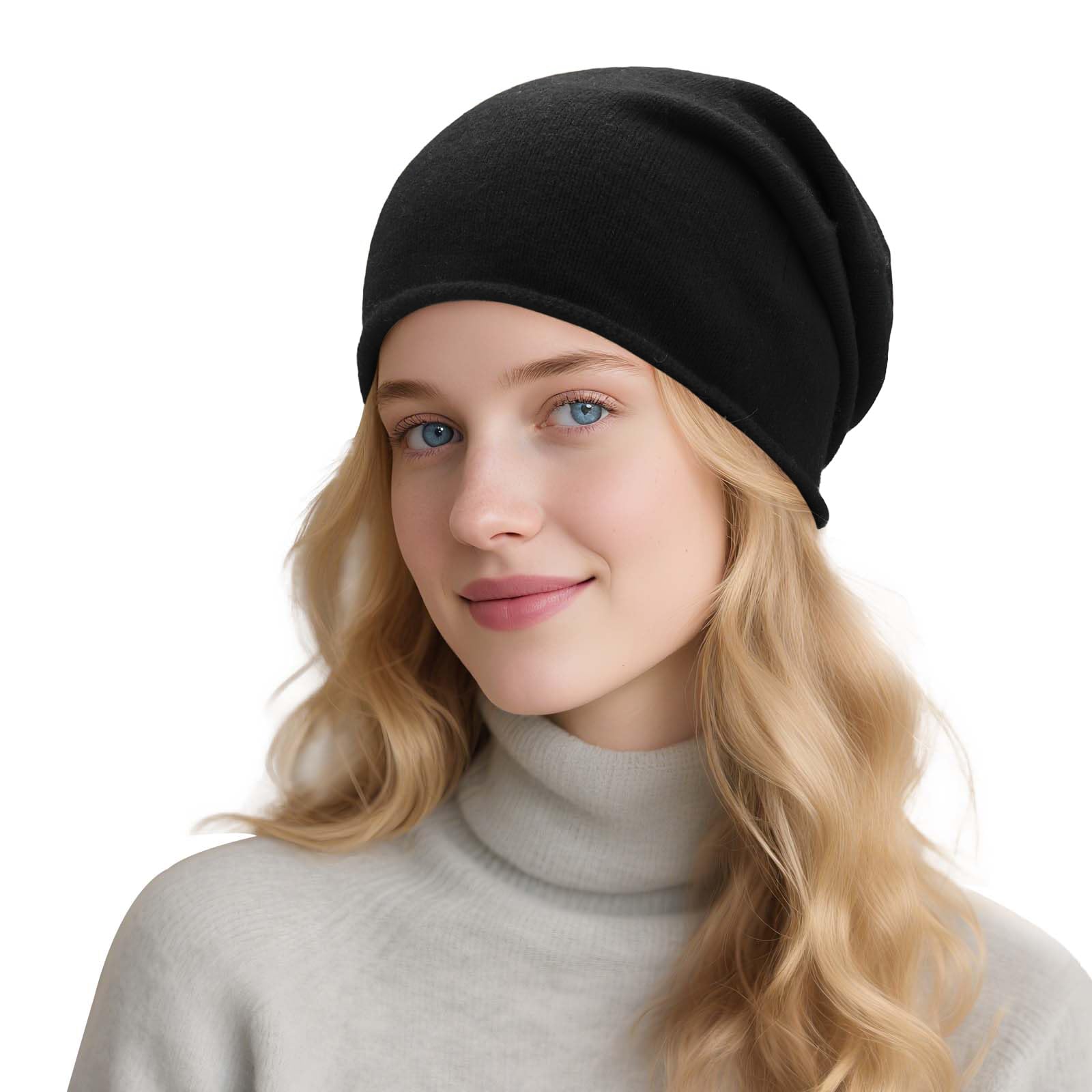 ZLYC Pure Wool Slouchy Beanie Hat for Women Men Seamless Knit Winter Skull Cap(Solid Black),One Size