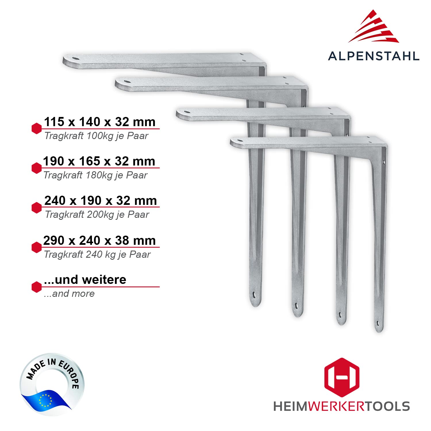 Schwerlastkonsole Aluminium Silber matt | SPARTA | 2 Stück Schwerlastwinkel für die Wandmontage | Winkelkonsole schwerlast: 500 x 450 x 47 mm | Tragkraft: 400 kg | Regalwinkel Silber
