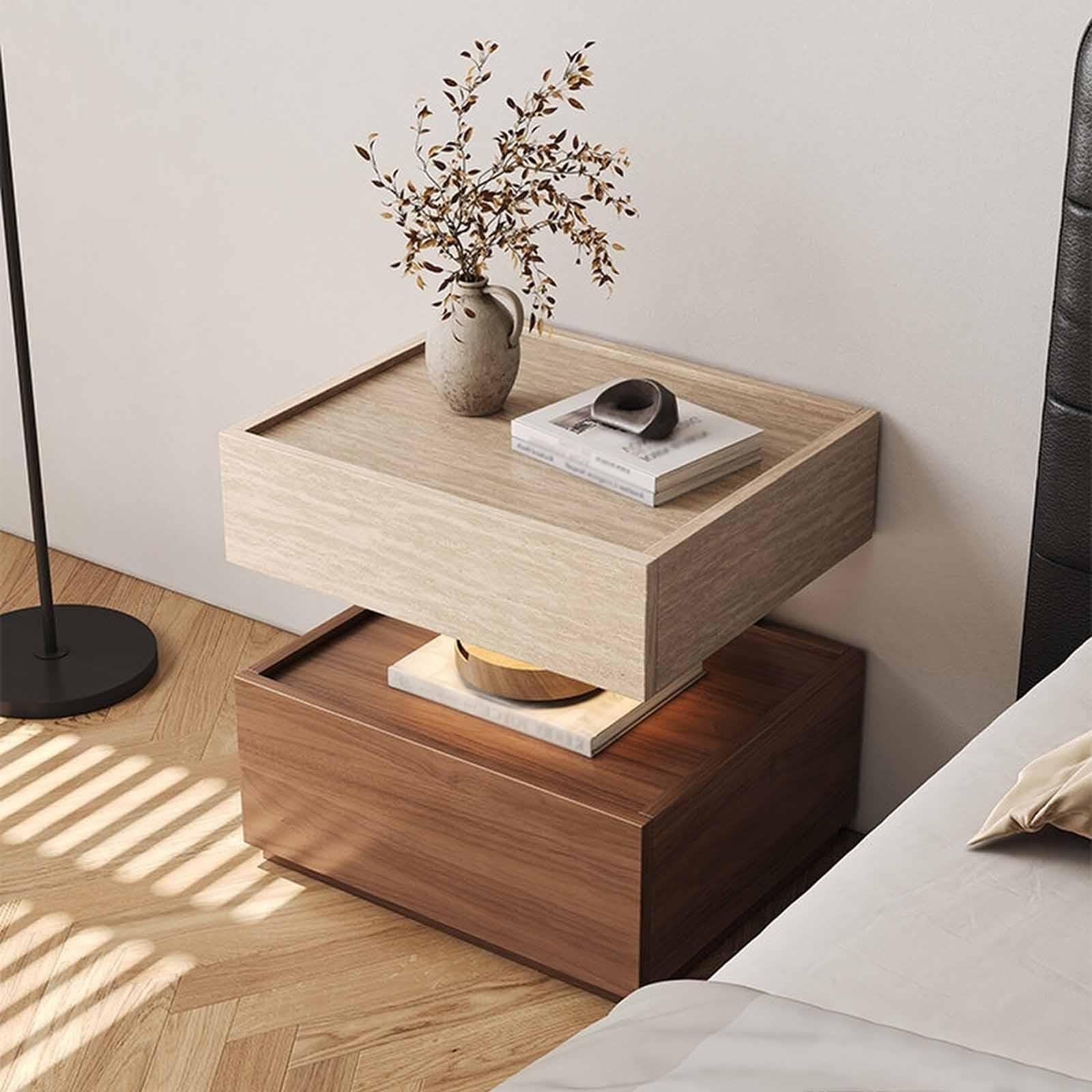 Mesita de Noche de Madera Maciza con Cajones, Diseño de 2 Niveles