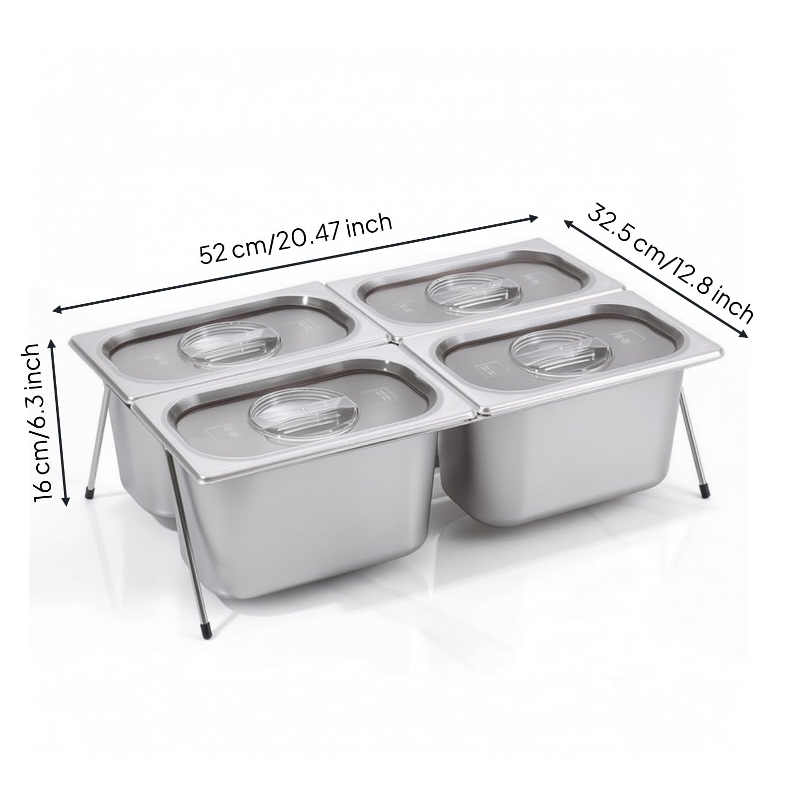 Vassoio a 4 Scomparti da Banco Vassoio in Acciaio con Supporto Professionale per Ristoratori, 4 Scomparti 15cm + Supporto 16cm