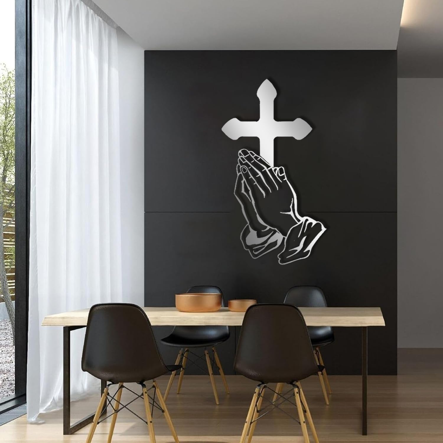 Nowoczesna minimalistyczna metalowa dekoracja ścienna - modlące się ręce, krzyż, Jezus modlący się o salon (150 x 85 cm, złoty)