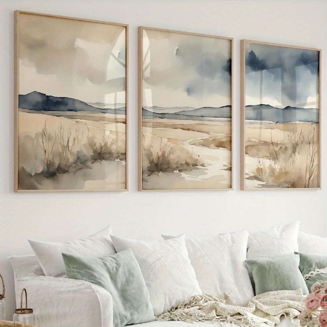 Ltjiajuypd Frameless Vintage Poster Landscape Abstract Art Print Neutral Beige Blue Scene Canvas Painting Wall Decor(60X80cm-3Pcs)