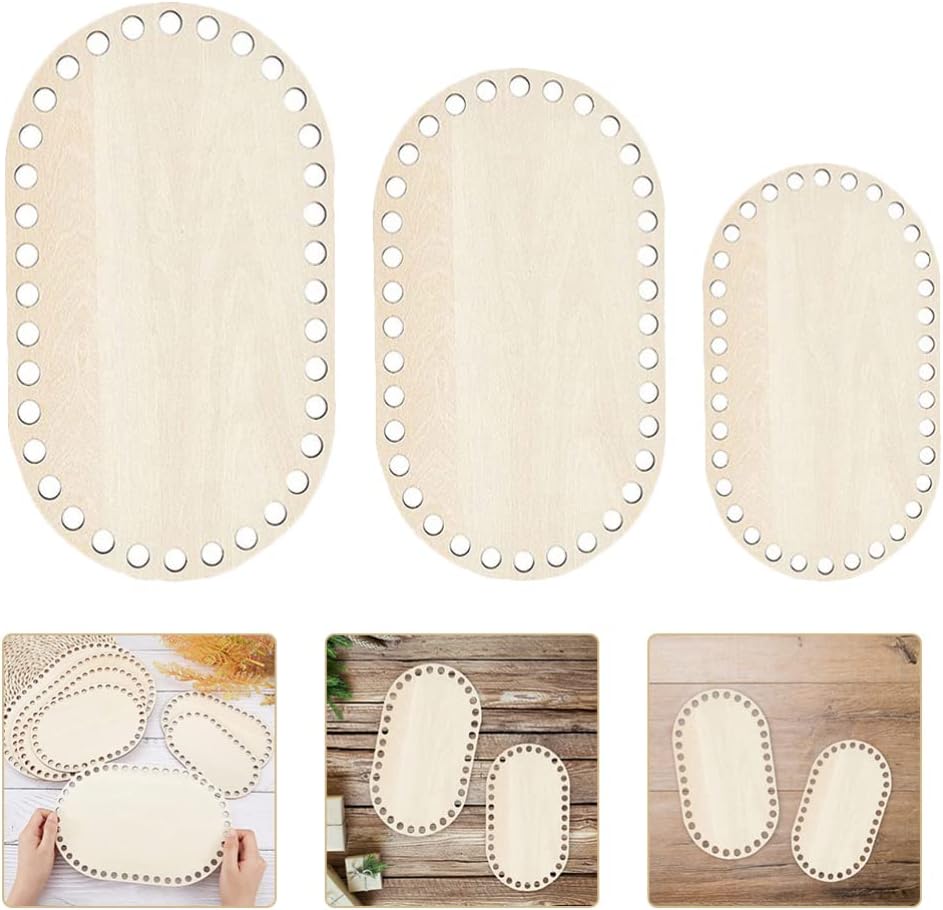ULTNICE 3pcs Natural Wooden Basket Bottom Oval Shape Blank Crochet Knitting Basket Wood Base Shaper for DIY Craft Weaving Making Supplies