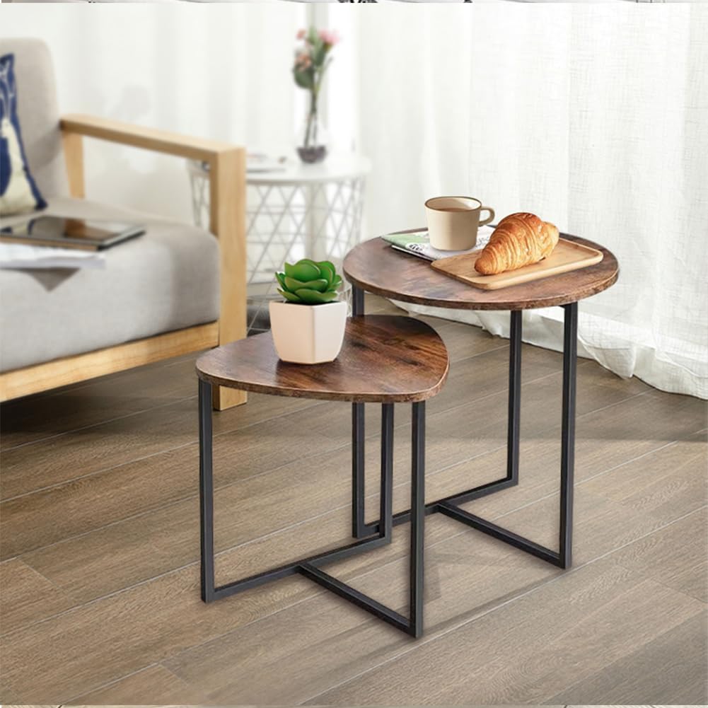 Shally Dogan Set mit 2 ineinandergreifenden Tischen im Industriestil für Wohnzimmer mit Holzplatte und Metallrahmen, Couchtisch, Wohnzimmer, platzsparender Verschluss, stapelbar