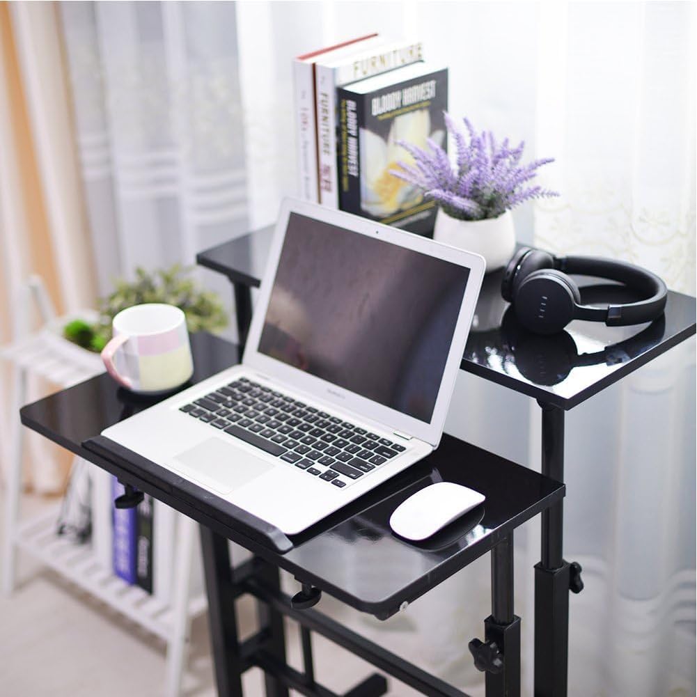 Garvee Bureau Debout Compact et Mobile – Hauteur réglable 60x60 cm, Plateau inclinable, roulettes – Poste de Travail pour Ordinateur Portable – Idéal Bureau à Domicile – Structure Fer et MDF Noir