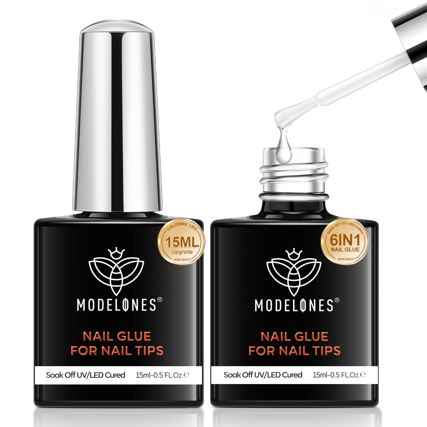 modelones Nagelkleber für Kunstnägel 2x15 ML, 9 in 1 Nail Glue für Nagelkleber für Tips, Glue Gel Press on Nails Nageltips NailTips UVNagelkleber, Brauchen Aushärten unter UV Nagellampe