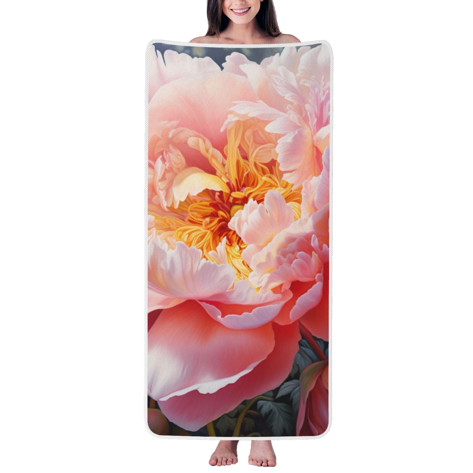 Ztpowqa Women's White Garden Peony Print Coral Velvet Bath Towel For Home Gym Lounging Bathroom Spa Hotel Beach Travel