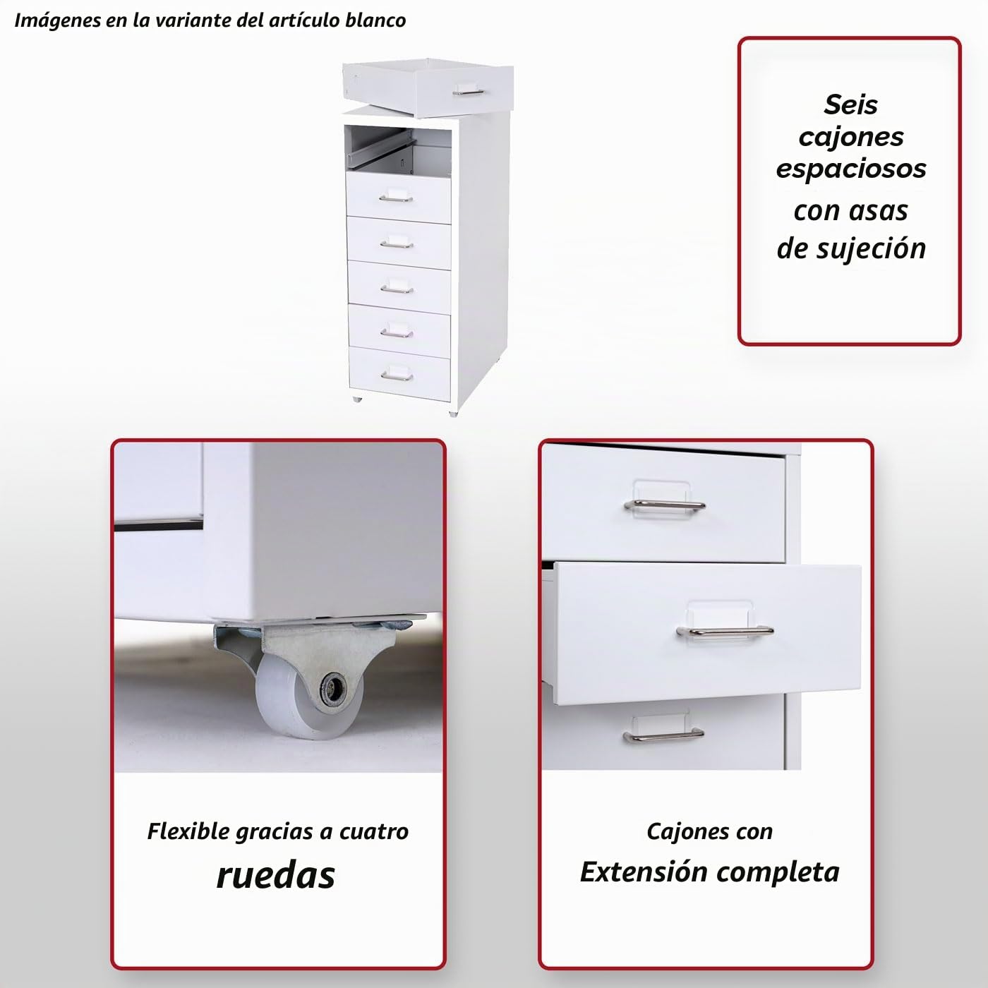 Mendler Cajonera con ruedas Boston T851, armario de acero, 69 x 28 x 41 cm, 6 cajones, gris oscuro, blanco y gris oscuro