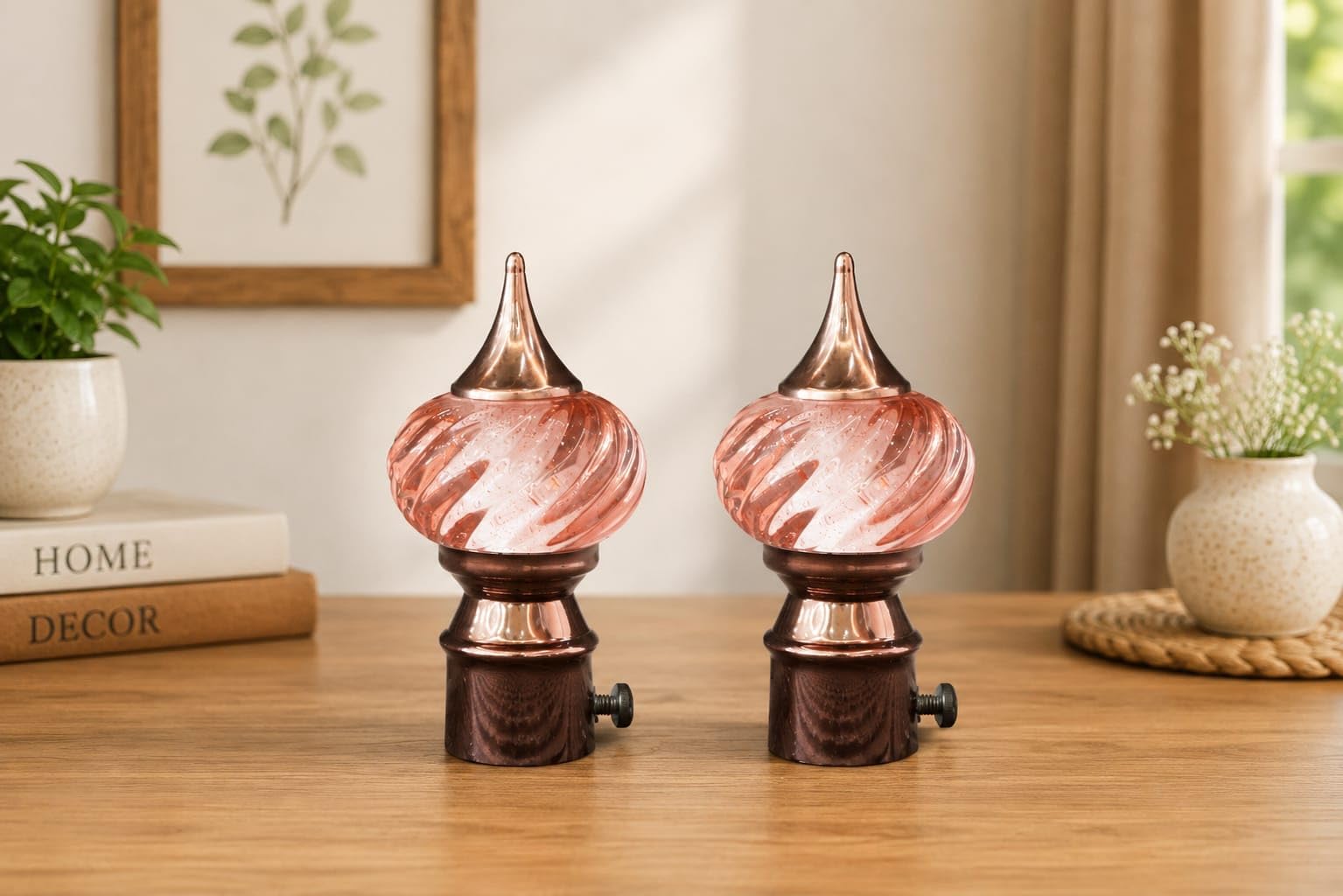 Curtain Rod Finials with Swirl Glass Ball, Rose Gold, Set of 2 | Decorative End Caps, Copper Finish, Home Decor Accent, Screw-On Base, Window Treatment-image-40