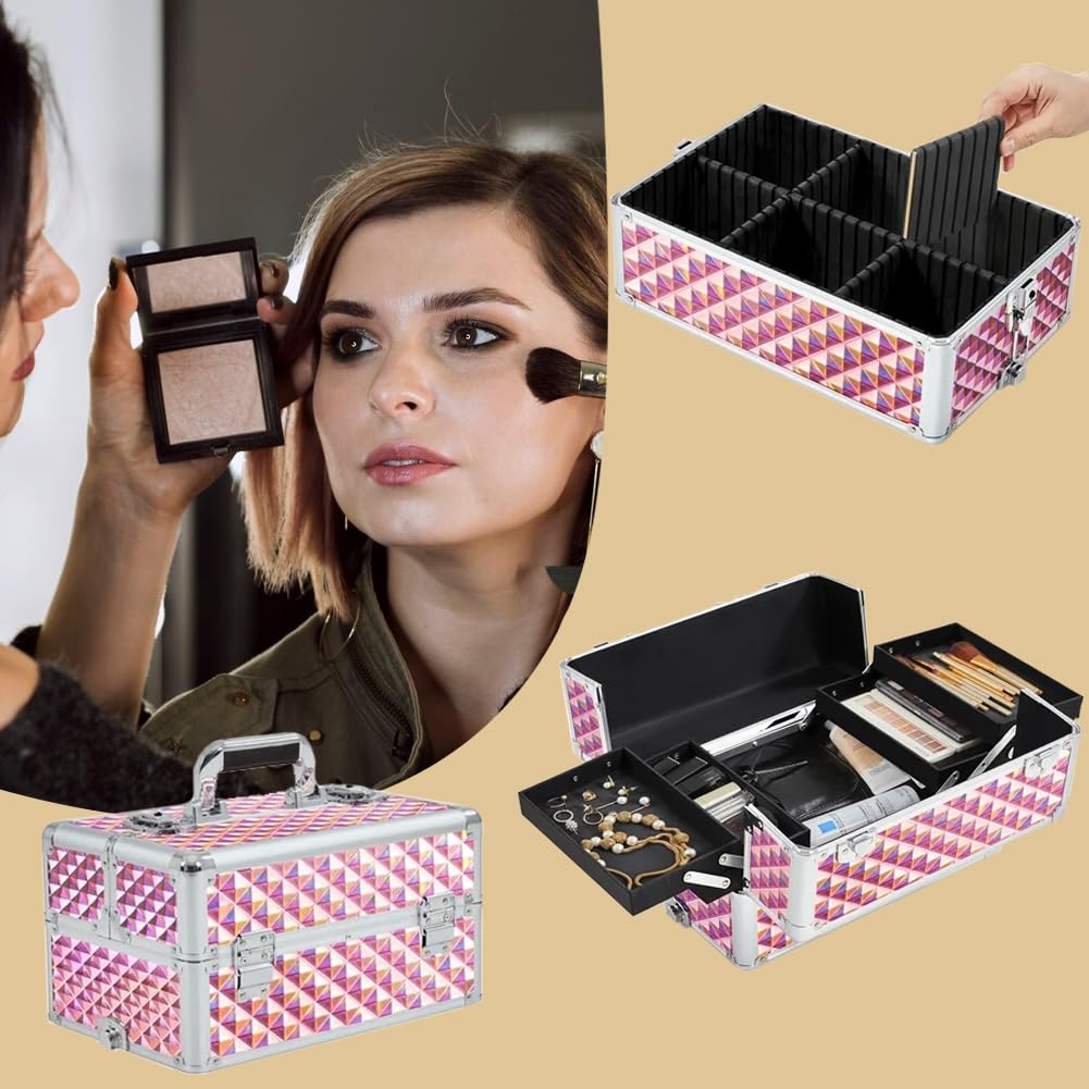 BAKAJI Trolley Make Up 3 in 1 Professionale con Trama Oleografica a Triangolare, Beauty Case Estetista Portatile, Valigia Porta Trucchi con Ruote Staccabili, Valigetta Organizer Makeup Viaggio (Rosa)