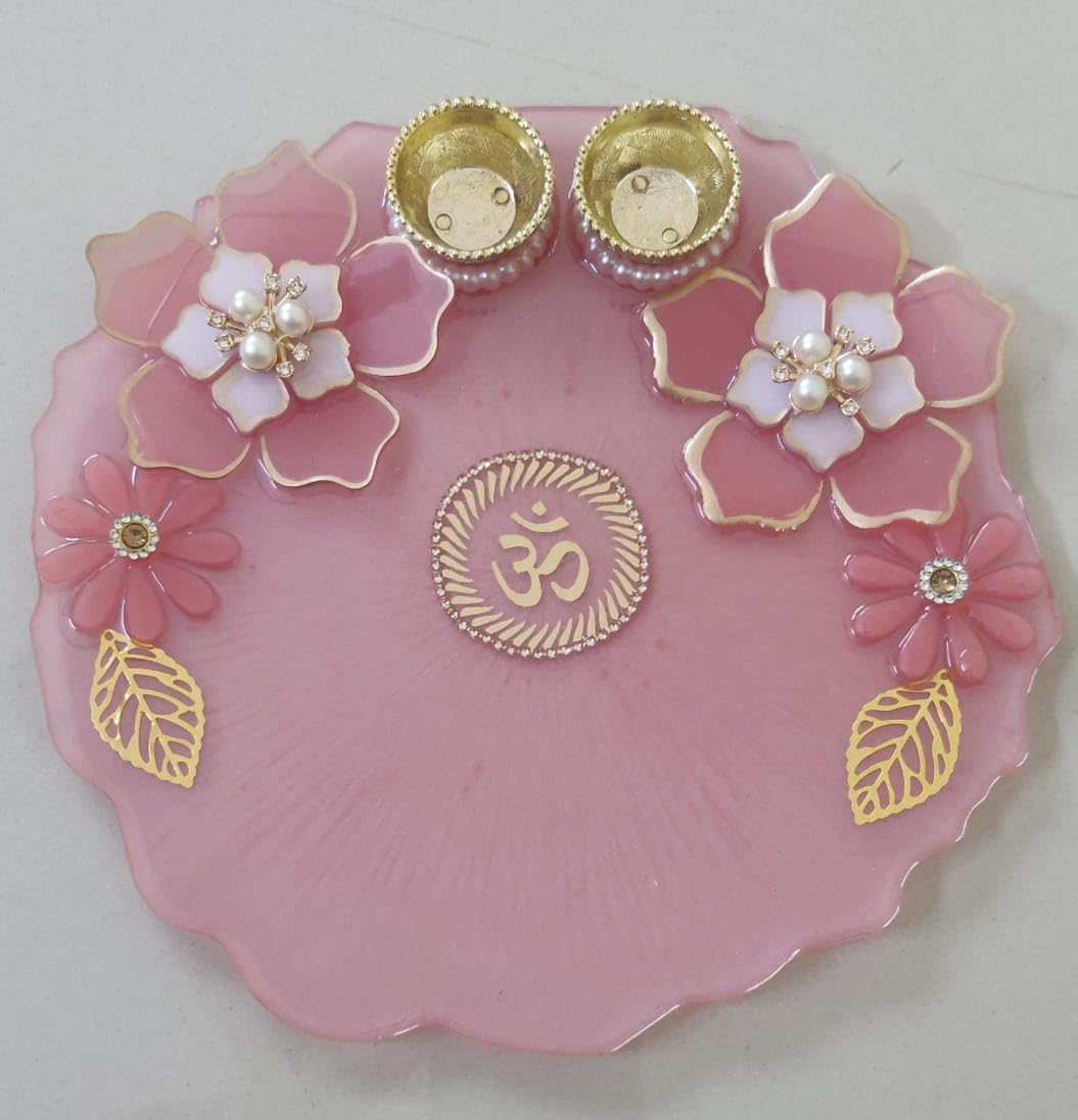 8 Inch Resin Pooja Thali for Diwali – Decorative Thali with 2 Roli Chawal Platter | Ganesh Design Festival Puja Thali for Rakhi, Diwali, Wedding, Pooja Decor (Light Pink)-image-10