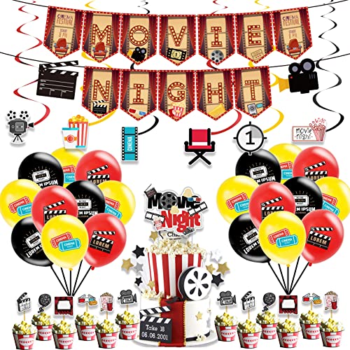 Movie Night Party Dekorationsset Movie Theme Party Supplies 51 Banner hängende Strudel Kuchendekoration Kino Motto Geburtstagsparty Zubehör Set