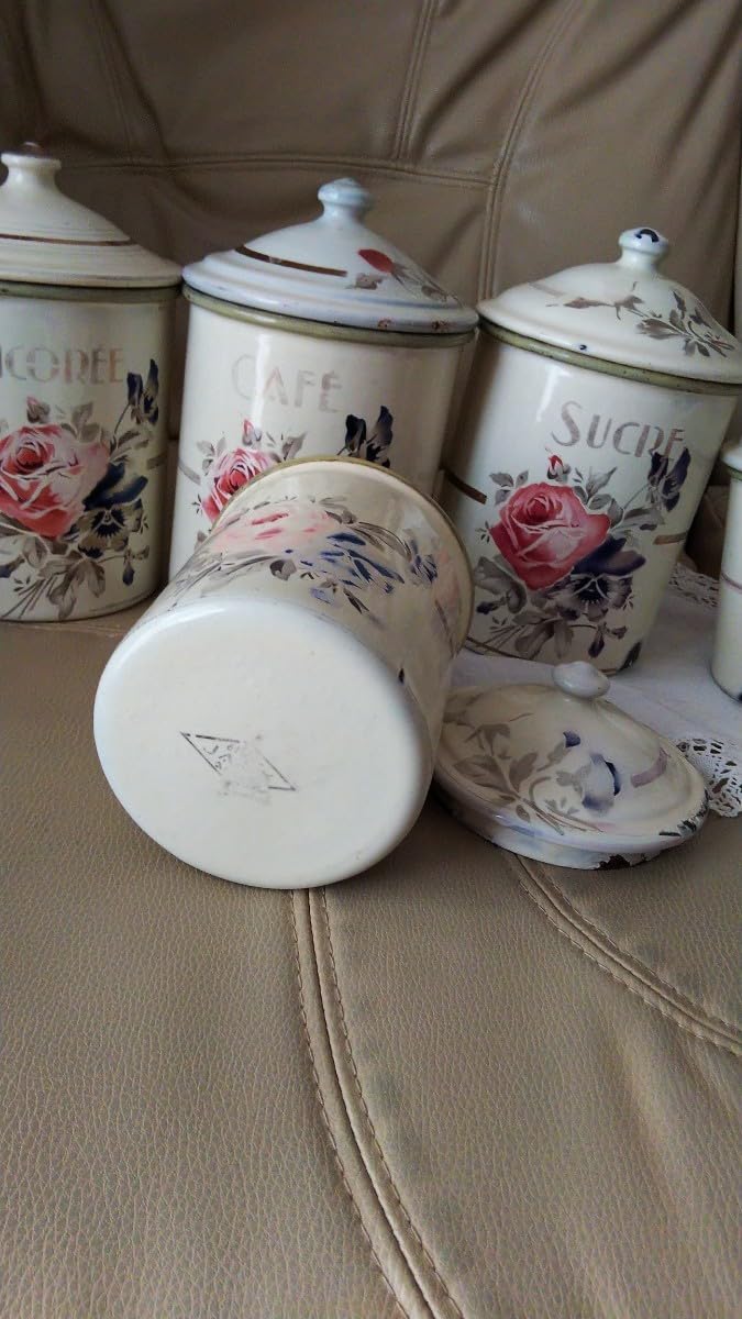 フランスアンティーク 薔薇とパンジー JAPY ホーローキャニスター 3つ
