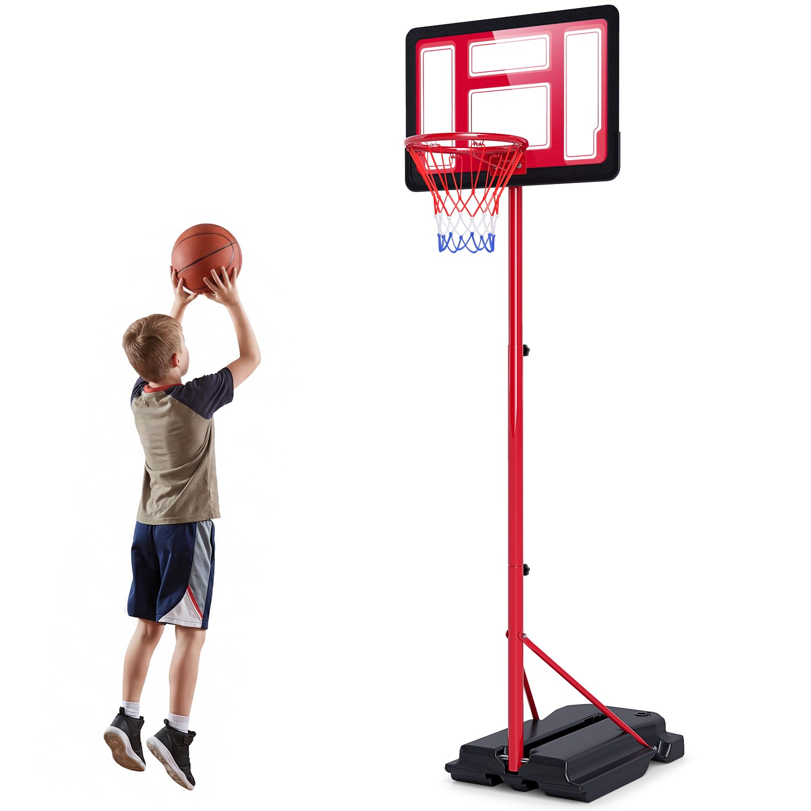 COSTWAY Canestro da Basket da Esterno ed Interno per Bambini, Canestro da Basket Regolabile in Altezza da 95 a 155 cm con Base Riempibile, Tabellone in PE e Struttura in Metallo