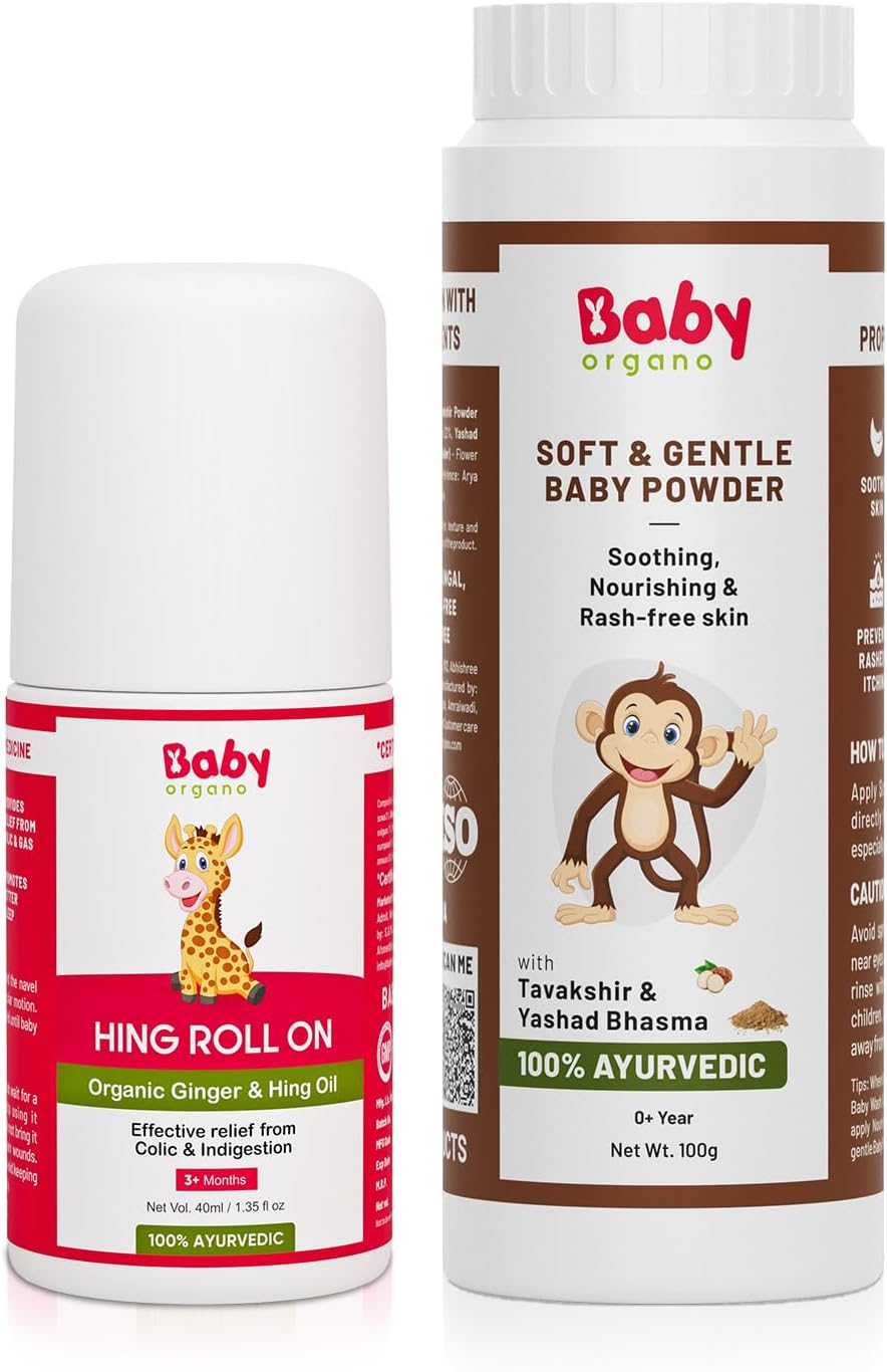 Babyorgano Baby Hing Tummy Roll-On 40ml & Baby Powder 100gm Combo Pack | Natural Care for Newborns