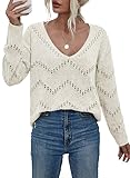 EVALESS Fall Sweaters for Women 2024 Knit Top Long Sleeve White Sweaters Blouses for Women Dressy Casual Sexy Summer Sweaters for Women Lightweight Outfits Clothes Sexy V Neck Crochet Tops, Medium