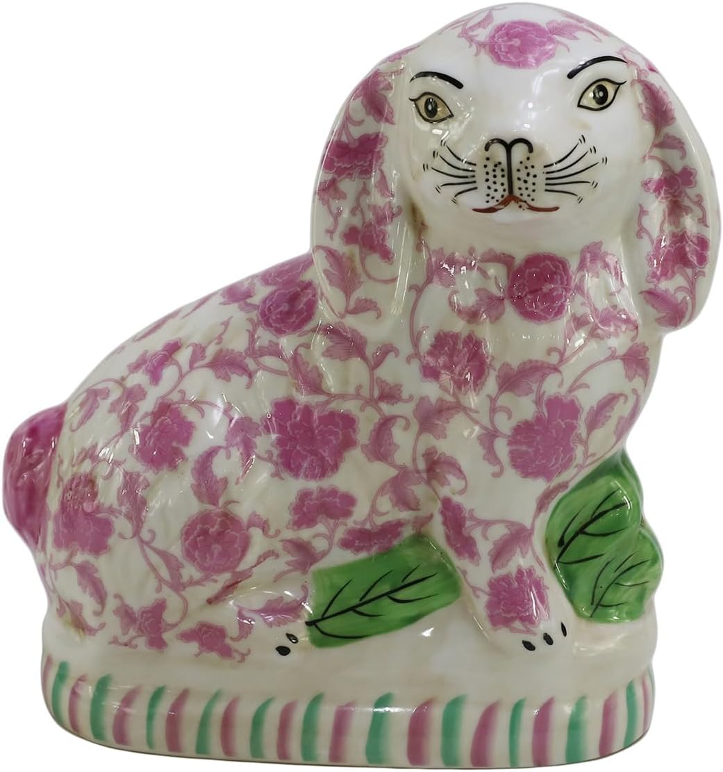 Pink and White Floral Porcelain Bunny Hare Figurine Pair of 8.3” Tall Mantle Decor, Easter Bunny Rabbit Décor,Collectibles Table Desktop Home Décor