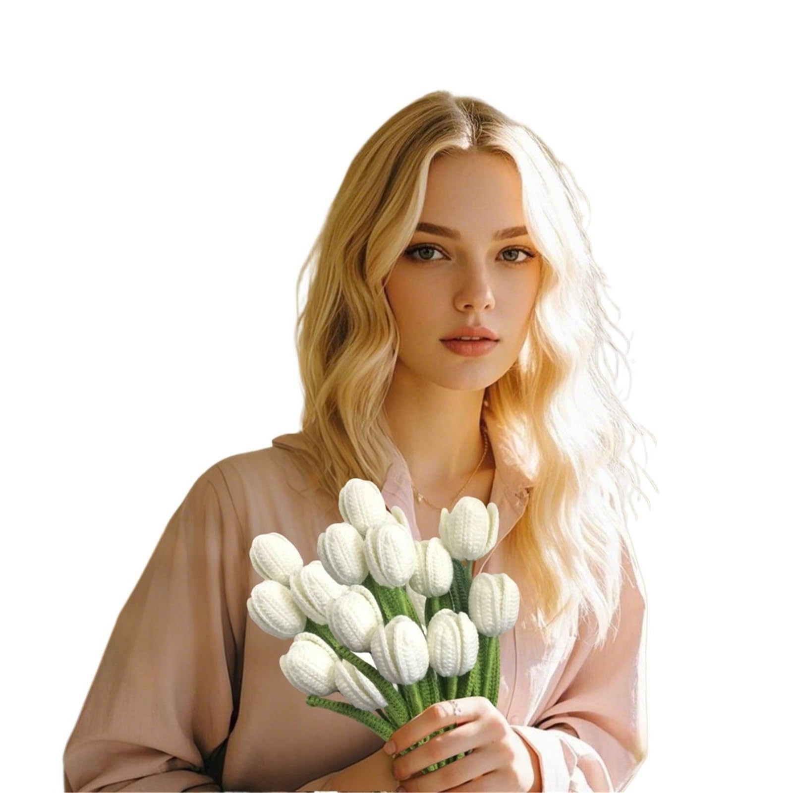 ENWWCH 6Pcs Fake Tulips Artificial Flower Bouquet For Decoration, Tulip Crochet Flowers For Table Decor For Home(White)