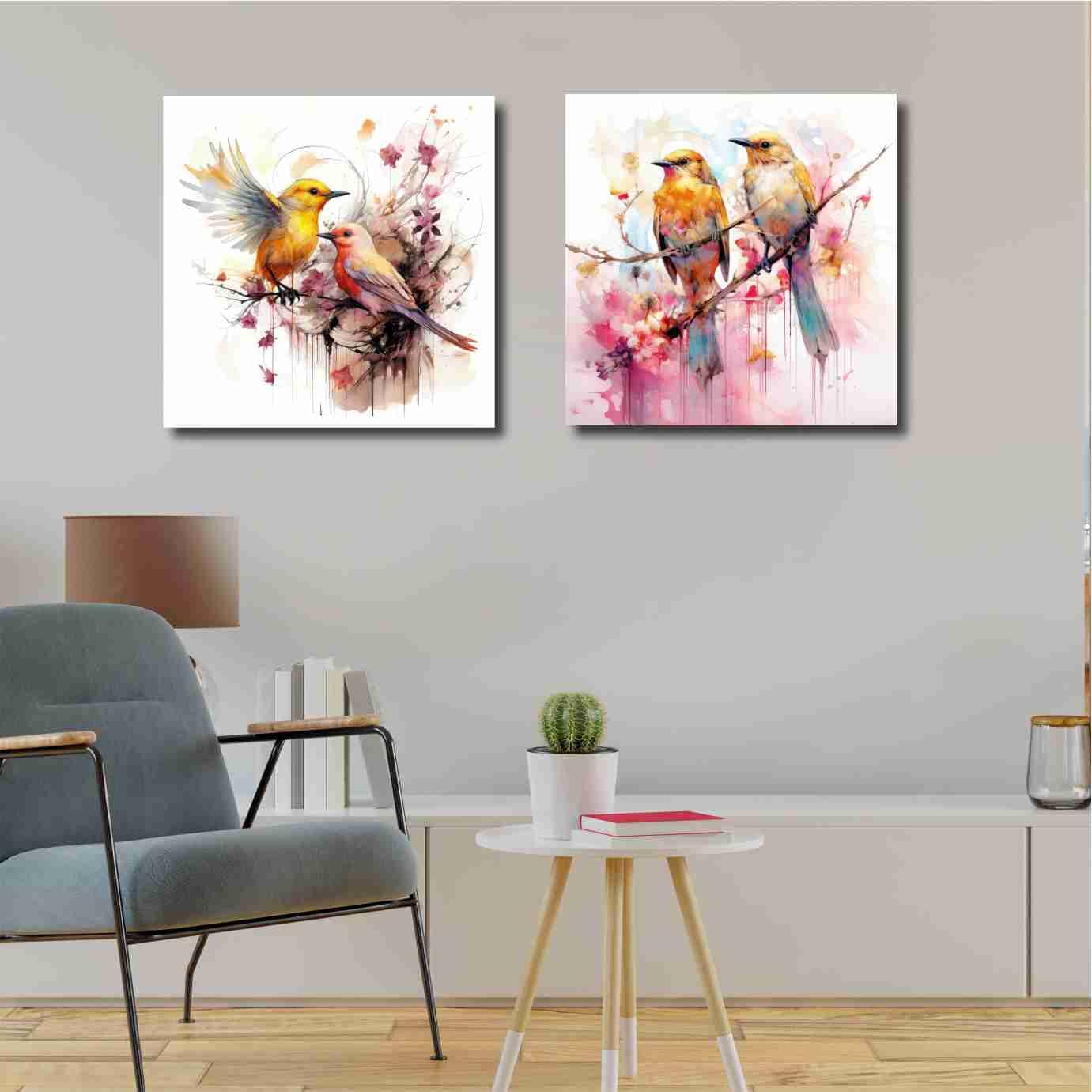 Livin'luxe paintings set of 2 Bird sitting on tree modern art canvas home decor wall paintings with frame painting for living room wall decoration office 12 inch x 12 inch CR-175
